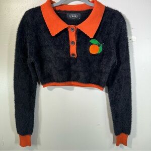 Cider crop sweater black orange fruit eyelash knit long sleeve collar small